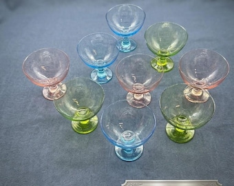 Set of 8 Vintage Italian Pressed Glass Dessert Bowls, Pastel Champagne Coupes Mid-Century Modern, Pink Blue Green Glassware, Made in Italy