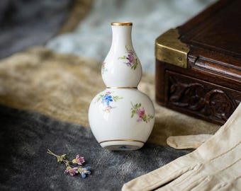 Meissen Mini Double Gourd Porcelain Vase Hand Painted European Flowers 24K Gold Gilt Tiny Solifleur Antique German Blue Crossed Swords Mark