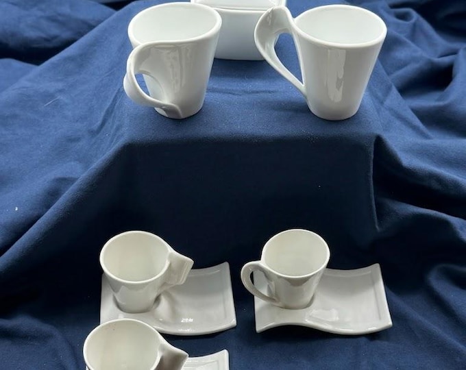 AD Italy White Ceramic Coffee Set, Modern Wave Espresso Cups and Saucers, Postmodern Italian Design Tableware, Minimalist Housewarming Gift