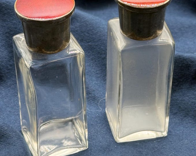 Antique Sterling Silver & Red Guilloché Enamel Perfume Bottles Pair, Edwardian Vanity Bottles, Hallmarked English Silver.