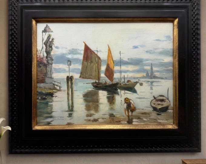 Angelo Gatto Venice Oil Painting Signed Lagoon Seascape with Sailing Boats Vintage Italian Art 20th