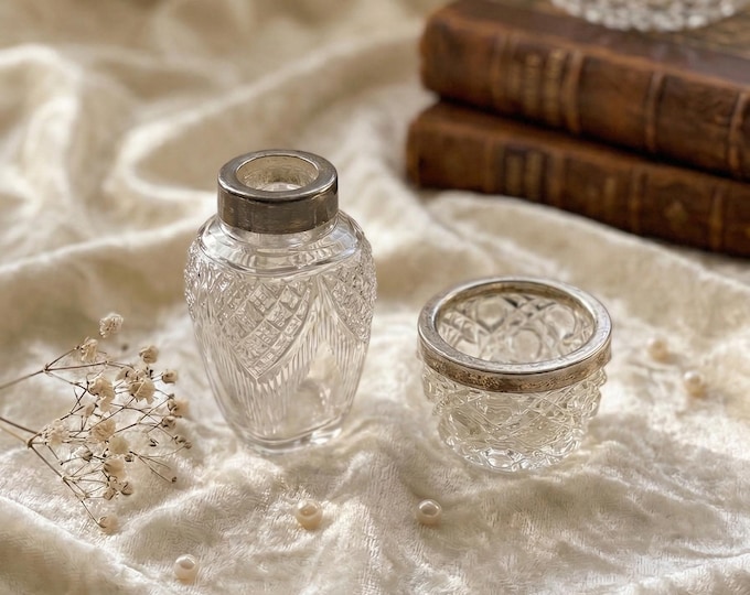 Antique Cut Glass Perfume Bottles Hallmarked Silver Rim Italy 19th Century Vanity Decor Victorian Style Crystal Scent Bottle Set