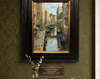 Venice Canal Oil Painting Angelo Gatto 1922-2018 Italian Post-Impressionist Art Signed Bridge Gondola Gold Black Lacquer Frame Fine Art