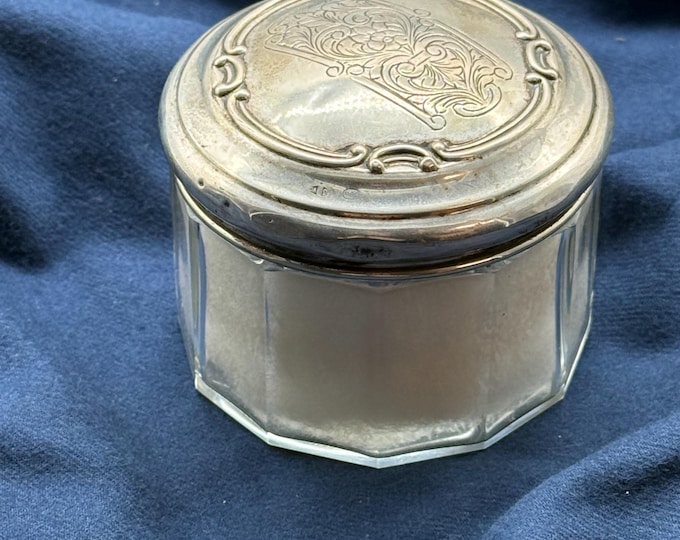 Antique Sterling Silver Vanity Jar – Cut Glass Powder Jar with Engraved Floral Lid – Early 1900s Art Nouveau Dresser Box