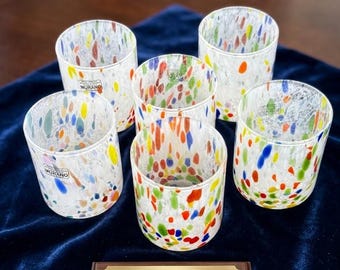 Set of 6 Original Murano Glass Tumblers Goti de Fornasa, Handblown Venetian Multicolor Spotted Glasses, Luxury Wedding Gift Made in Italy