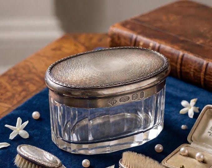 Antique 1910 London Sterling Silver & Cut Glass Vanity Jar Guilloché Lid CJF
