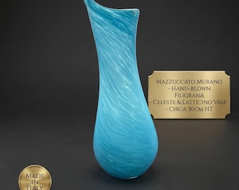 Mazzuccato Murano Glass Vase, Hand Blown Italian Art Glass, Blue White Filigrana Latticino Swirl, Venetian Home Decor Mid Century Style Gift
