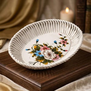 Może przedstawiać: Owalny ceramiczny koszyk z białym brzegiem w stylu plecionki oraz płaskim dnem z ręcznie malowanym motywem kwiatowym. W centrum znajduje się bukiet kwiatów w odcieniach różu, błękitu, bieli i zieleni na jednolitym białym tle.