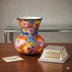 Può includere: Un vaso cecoslovacco dipinto a mano con un vivace motivo floreale nei toni dell'arancione, blu, giallo e rosa. Il vaso è accompagnato da un espositore con la scritta "Authentic Mid-Century Folk Art". È presente anche una piccola busta.