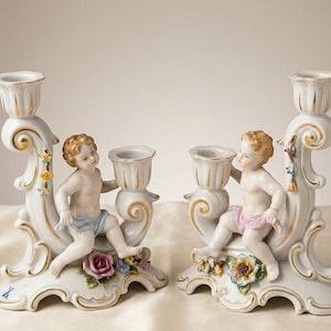Vintage Capodimonte Porcelain Candlesticks Pair Cherub Putti Flower Handpainted Made in Italy Baroque Ceramic Candle Holder Luxury Gift