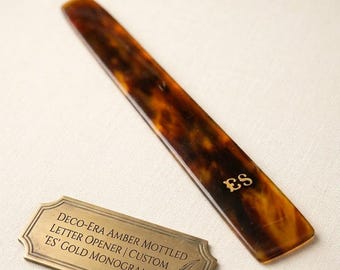 Antique Art Deco Letter Opener Gold Monogram ES Amber Mottled Celluloid Desk Accessory - Elegant Vintage Stationery Gift - Made in Europe