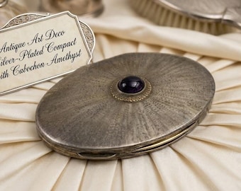 Antique Art Deco Silver Plated Powder Compact Case Vintage Makeup Mirror Box Cabochon Amethyst Vanity Collectible Mothers Day Gift for Her