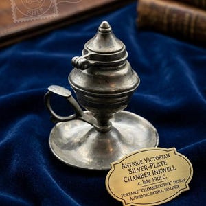 Antik viktoriansk silverpläterad bläckhorn, bärbar bläckhorn med handtag från 1800-talet, skrivbordsdekor, författargåva.