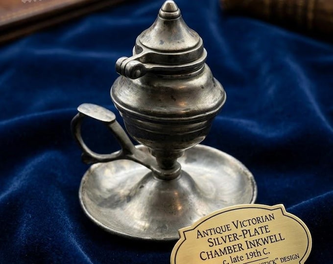 Antique Victorian Silver Plate Chamber Inkwell, 19th Century Portable Inkstand with Handle, Desk Decor, Writer Gift.