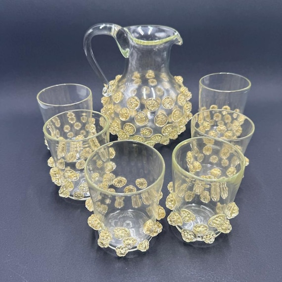 Murano glass carafe and 6 glasses blown and signed by master Daniele Biasin gold leaf