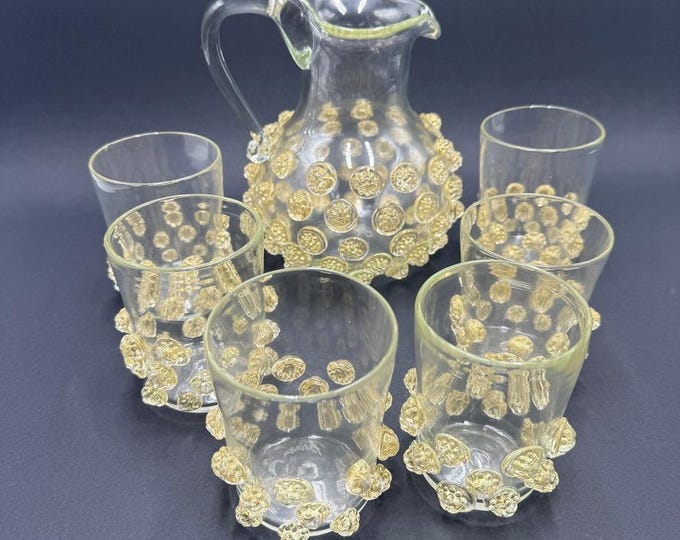 Murano glass carafe and 6 glasses blown and signed by master Daniele Biasin gold leaf