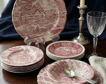 Vintage English Ironstone Red Pink Dinnerware Set 17pc Plates Platter Serving Bowl | Mason Churchill Style Cottagecore Tableware Gift
