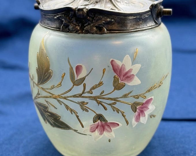 Antique Art Nouveau Frosted Glass Biscuit Jar, Hand Painted Enamel & Gold Gilt, Silver Plated Mount, French Liberty Style Centerpiece