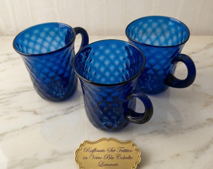 Set of 3 Murano Glass Mugs Cobalt Blue, Hand-Blown Balloton Texture, Vintage Venetian Art Glass, Italian Design Excellence, Luxury Decor