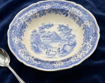 Villeroy and Boch Burgenland Blue Soup Plate - Vintage German Ceramic Deep Bowl, Mettlach Blue Transferware, Pastoral Scene & Floral Decor