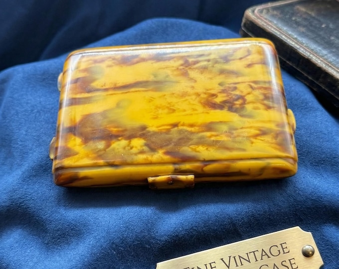 Vintage Art Deco Bakelite Makeup Compact Case, Marbled Butterscotch Minaudière, Rare 1930s Powder & Blush Box with Mirror, Italian Shipping