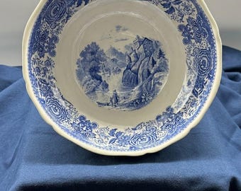 Villeroy & Boch Burgenland Blue Fruit Bowl, Vintage Mettlach German Transferware, Large Pedestal Serving Bowl, Blue and White Decor FREE SH
