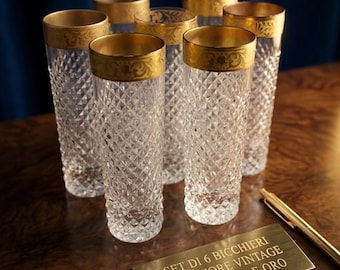 Vintage Italian Crystal Cordial Glasses Set of 6, 24k Gold Encrusted Rim, Diamond Cut Tall Liqueur Shot Glasses, Hollywood Regency Barware