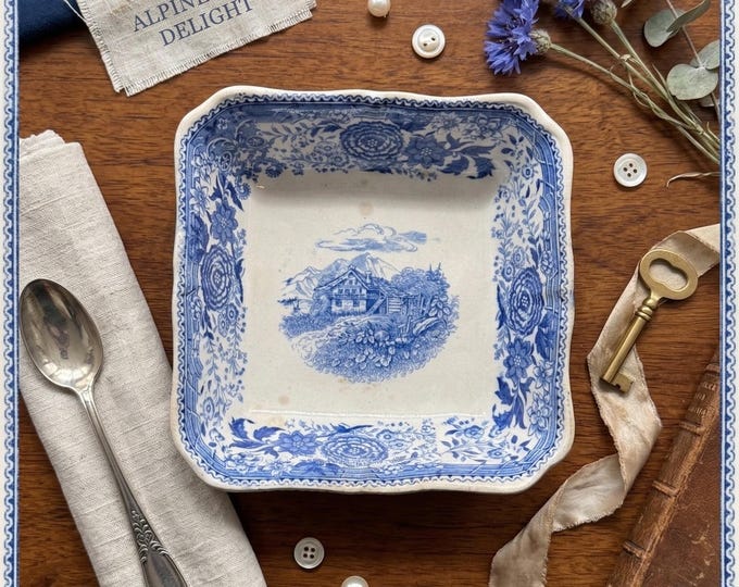 Villeroy & Boch BURGENLAND Blue Transferware Bowl Alpine Chalet Mountain Scene Vintage German Pottery V B 5.5" Square Dish Scalloped Edge