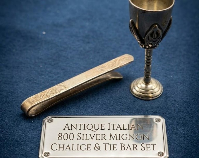 Vintage Italian 800 Solid Silver Miniature Set: Ornate Embossed Chalice & Hand-Engraved Tie Bar, Fine Collectible Mignon, FREE SHIPPING
