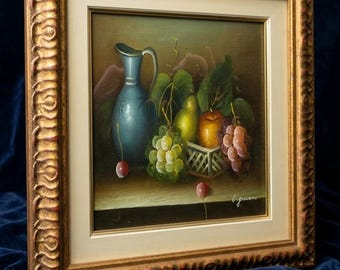 Original Still Life Oil Painting Signed C. Giner Ornate Gilt Frame Vintage Fruit Art Canvas Mid Century Decor Wall Art FREE SHIPPING