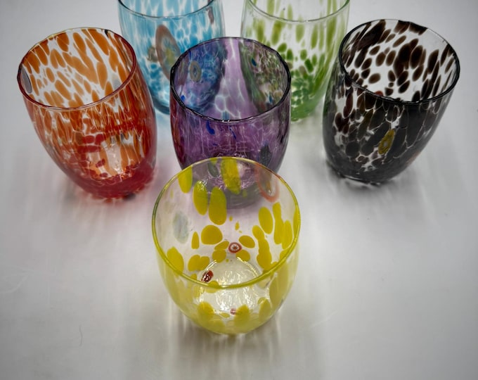 Murano glass set of 6 “barrel” glasses with mixed colors and transparent crystal