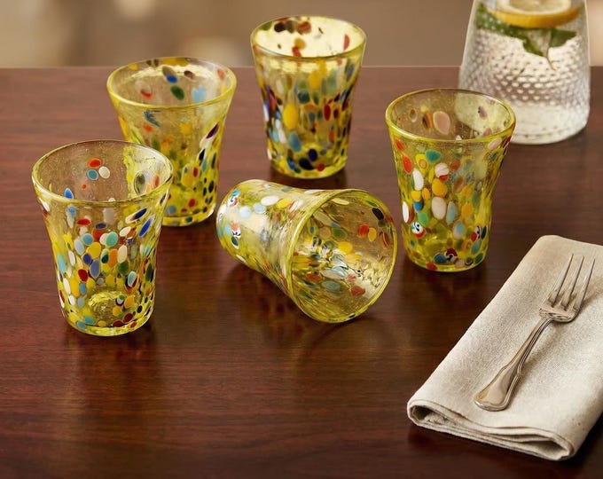 et of 6 Murano Style Handblown Glasses - Yellow Confetti Art Glass Tumblers - Goti de Fornasa - Colorful Murrine Glassware - Made in Italy
