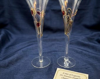 Art Nouveau Champagne Flutes Pair, Hand Painted Stained Glass Style Enamel, Italian Blown Glass, Wedding Gift, Luxury Liberty Barware Italy