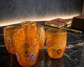 6 Murano Glass Tumblers Amber Orange Signed Daniele Biasin, Hand Blown Goti de Murano Cups with Millefiori Murrine, Italian Art Glass Set