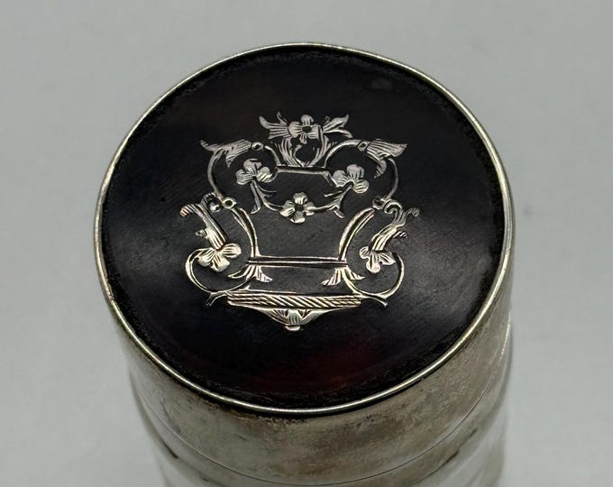 Antique English Sterling Silver & Cut Glass Vanity Jar – Etched Glass and Brown Inlay Lid, Early 20th Century
