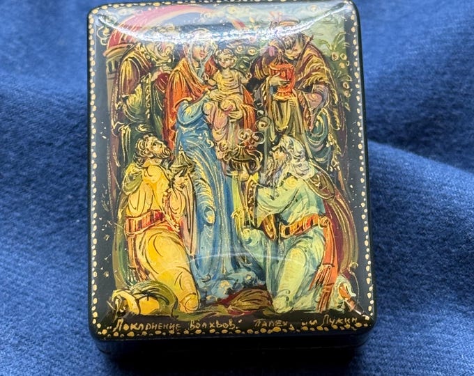Russian Hand-Painted Lacquer Box “Adoration of the Magi” – Signed A. Lukin – Palekh Style Religious Vintage Art Box