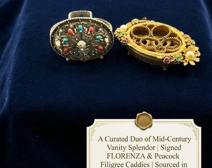 Vintage Signed FLORENZA Lipstick Holder & Filigree Peacock Caddy Set, Mid-Century Hollywood Regency Vanity Decor, Luxury Gift, Made in Italy
