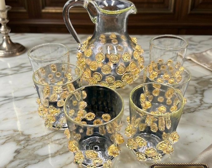 Signed 24k Gold Leaf Murano Glass Set - Pitcher & 6 Glasses by Master Daniele Biasin 2020