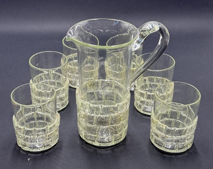 Murano glass carafe and 6 glasses blown and signed by master Daniele Biasin gold leaf