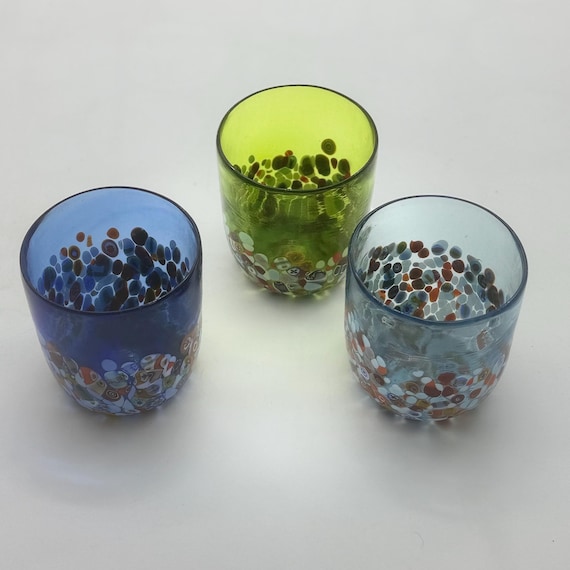 Murano glass set of 3 colored glasses with murrine