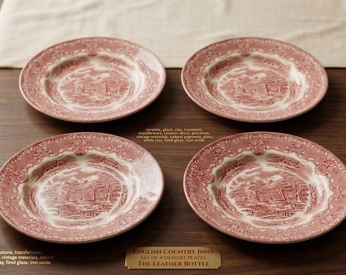 Set of 4 Grindley Red Transferware Dessert Plates English Country Inns The Leather Bottle Vintage 7.5" England Pottery Collectible Tableware