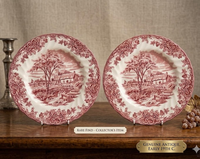 Pair of Myott The Brook Red Transferware Plates 1982 | Vintage Staffordshire England Ironstone | English Cottagecore Wall Decor Red Plates
