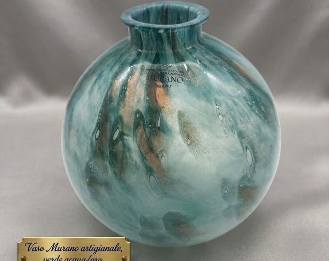 Modern Murano Glass Vase 2000s Teal Aqua Gold Aventurine Hand Blown Art Glass Italy Spherical Home Decor Luxury Gift Made in Italy Elegant