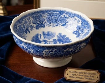 Villeroy & Boch Burgenland Blue Footed Bowl, Vintage Mettlach Germany Porcelain, Blue White Transferware, Large Salad Bowl, FREE SHIPPING