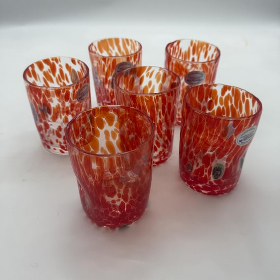 Murano glass set of 6 red transparent crystal glasses