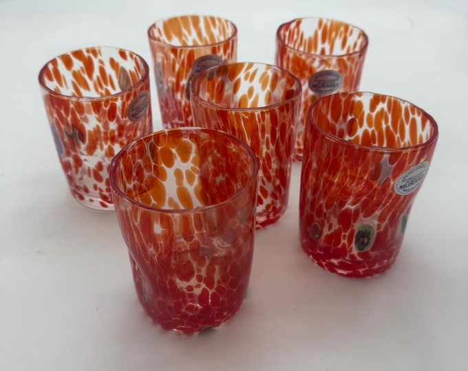 Murano glass set of 6 red transparent crystal glasses