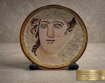 Deruta Italy Ceramic Plate Roman Mosaic Face Reproduction Gold Leaf Border Hand Painted Pottery Wall Decor Collector Art Piece Made in Italy