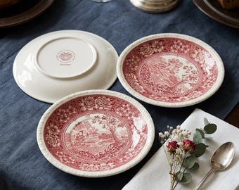Villeroy and Boch Rusticana Red Transferware Plates Set of 3, Vintage German Pink Countryside Porcelain, Farmhouse Decor, Replacement China