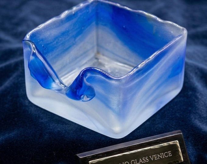 Original Murano Glass Ashtray Cobalt Blue White Frosted Satin Finish Venice Art Glass Certified COA Mid Century Modern Italian Decor Luxury