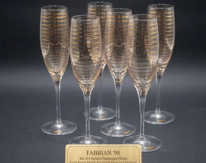 Set of 6 Fabbian '98 Vintage Champagne Flutes, Italian Design Blown Glass with Gold Spiral, Luxury Wedding Gift, Mid-Century Modern Barware